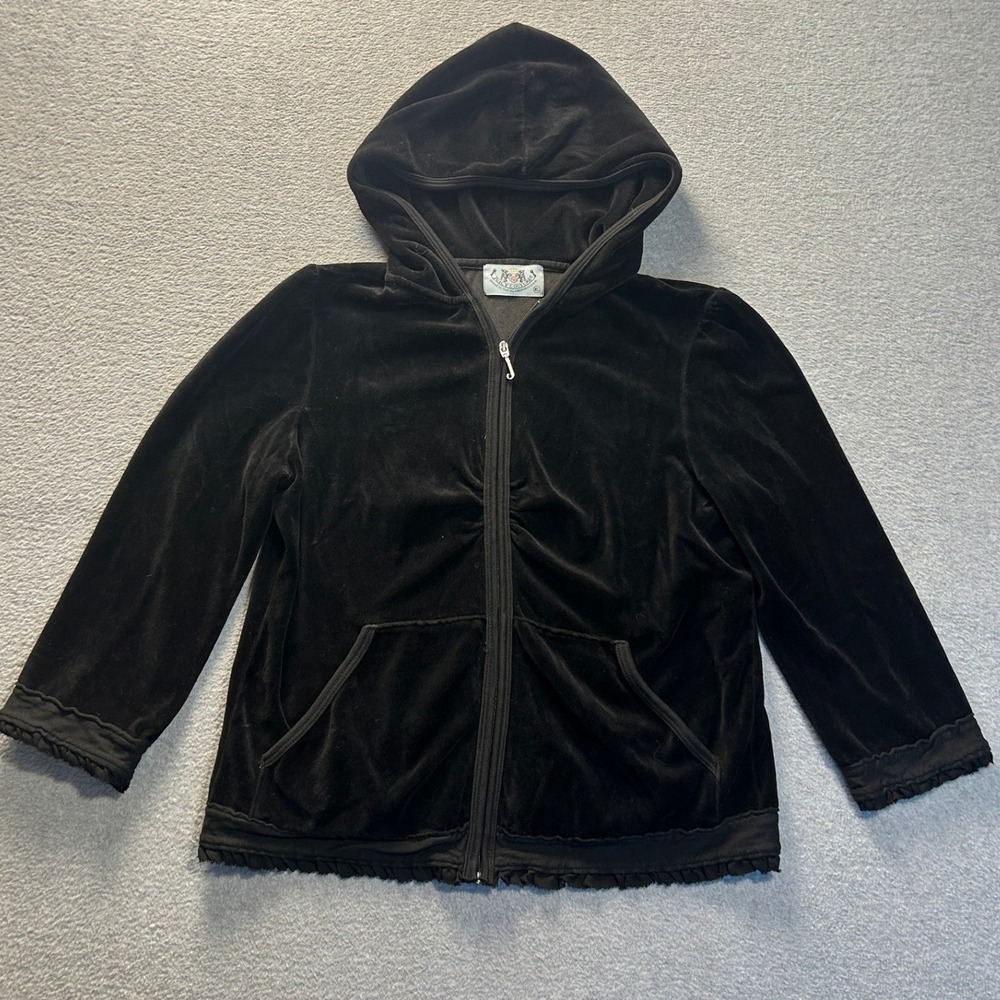 Juicy Couture Tracksuit Jacket Womens XL Black Velour Full Zip Hoodie Y2K Ruffle